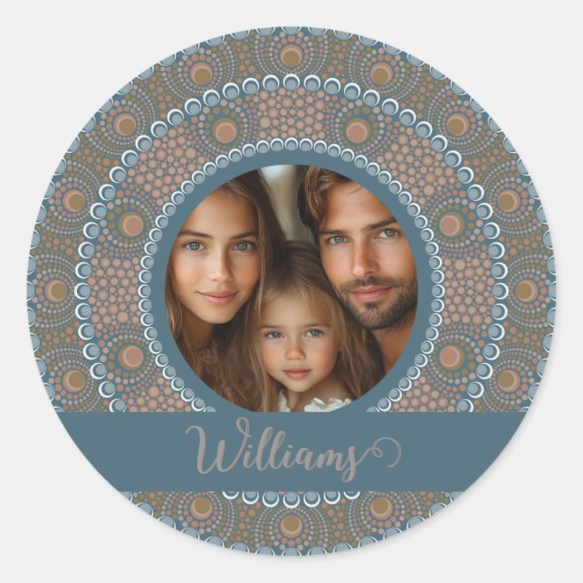 Sticker Rond Portrait familial personnalisé Turquoise et Mandal (Devant)