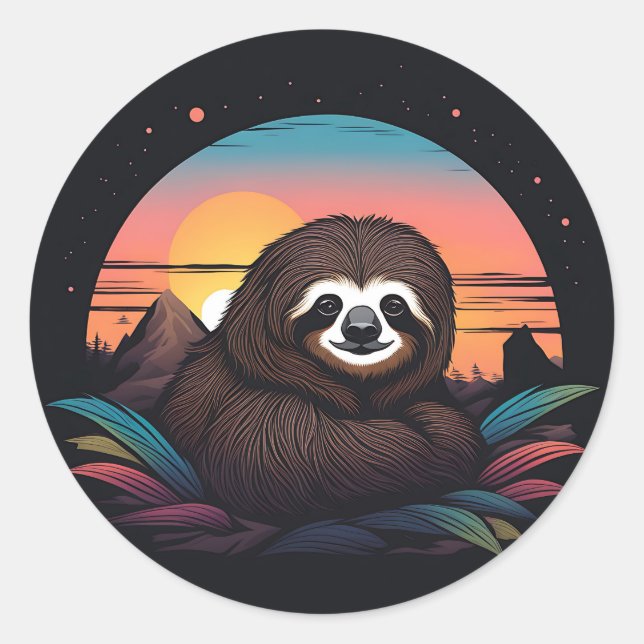 Sticker Rond Portrait Sloth Avec Coucher De Soleil (Devant)