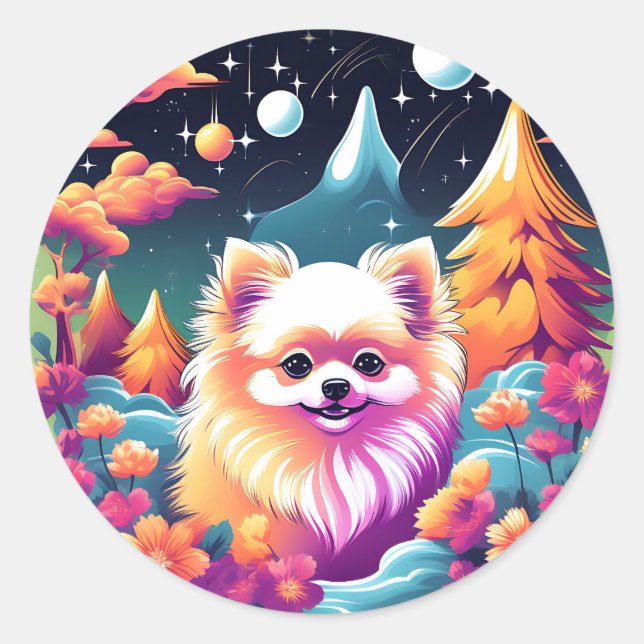 Sticker Rond Portrait vibrant de chien de Poméranie (Devant)