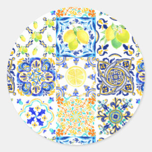 Sticker Rond Portugais Majolica Azulejo Citron méditerranéen