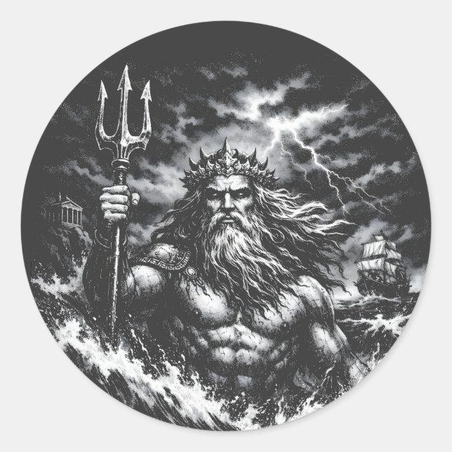 Sticker Rond Poséidon — Seigneur des Profondeurs par BurnsInHel (Devant)