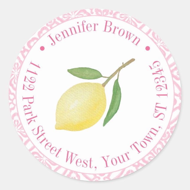Sticker Rond Positano Lemon Rose Et Blanc Adresse De Retour (Devant)