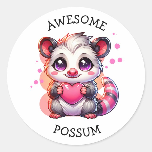 Sticker Rond Possum génial | Opossum de dessin mignon (Devant)