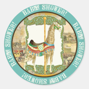 Sticker Rond Poster de cirque vintage, Baby shower de girafe