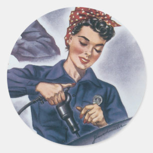 Sticker Rond Poster de guerre vintage - Femmes ouvrières autoco