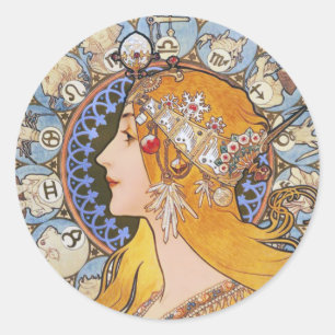 Sticker Rond Poster de Mucha Art Nouveau - Zodiac - La Plume