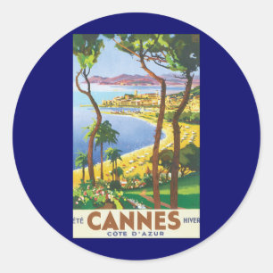 Sticker Rond Poster Vintage voyage, Plage à Cannes, France