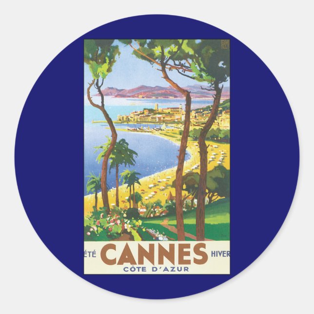 Sticker Rond Poster Vintage voyage, Plage à Cannes, France (Devant)