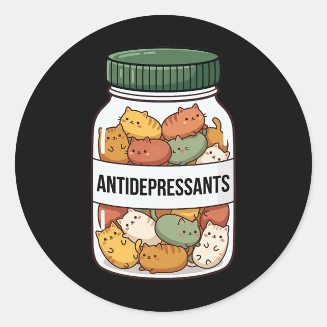 Sticker Rond Pot à antidépresseurs pour chat drôle, jarre migno (Devant)