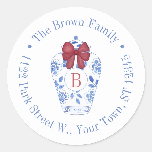 Sticker Rond Pot à gingembre de Noël chic avec monogramme d'adr (Devant)