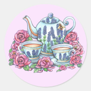 Sticker Rond Pot à thé et Roses