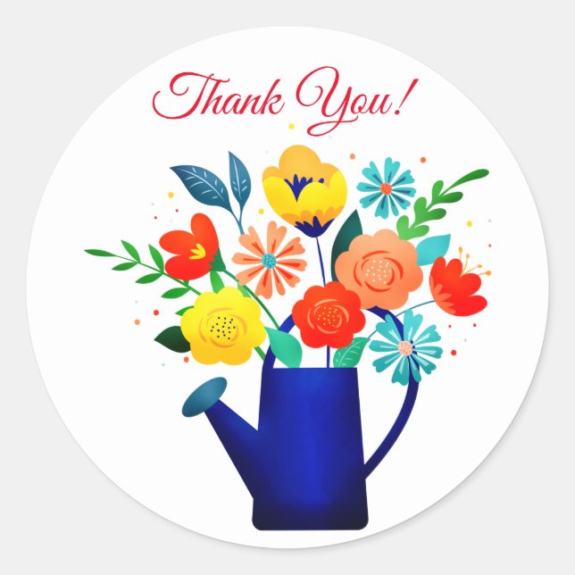 Sticker Rond Pot d'arrosage bleu et fleurs rouges jaunes (Devant)