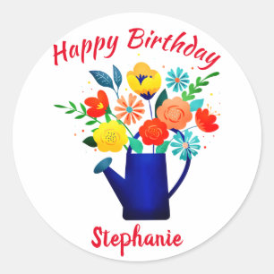 Sticker Rond Pot d'arrosage bleu Fleur rouge jaune Joyeux anniv
