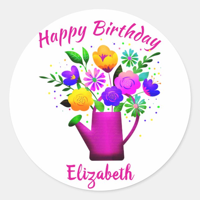 Sticker Rond Pot d'arrosage rose et Fleur Jaune Anniversaire (Devant)
