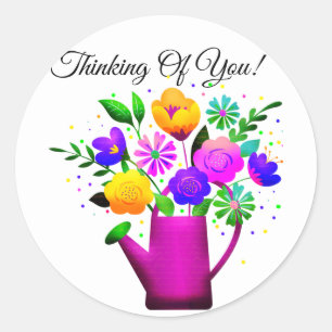 Sticker Rond Pot d'arrosage rose et Fleurs roses jaunes