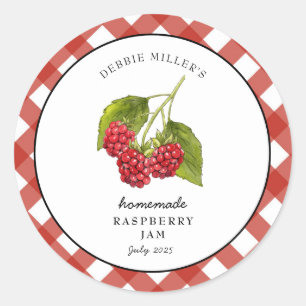 Sticker Rond Pot de confiture de framboise à carreaux gingham