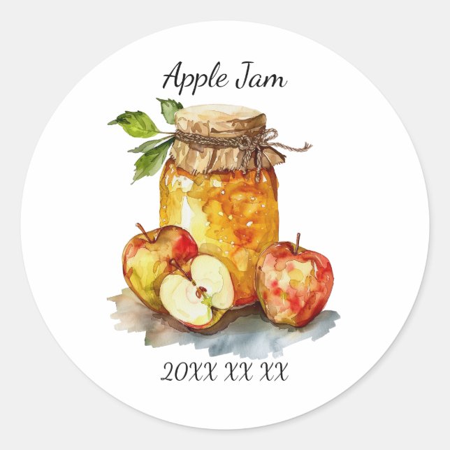 Sticker Rond Pot de confiture de pomme et aquarelle de pommes (Devant)