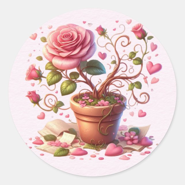 Sticker Rond Pot de fleurs rose roses Valentine (Devant)