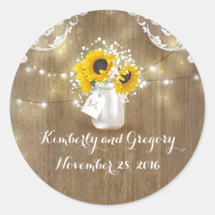 Sticker Rond Pot de maçon rustique de tournesol et de souffle