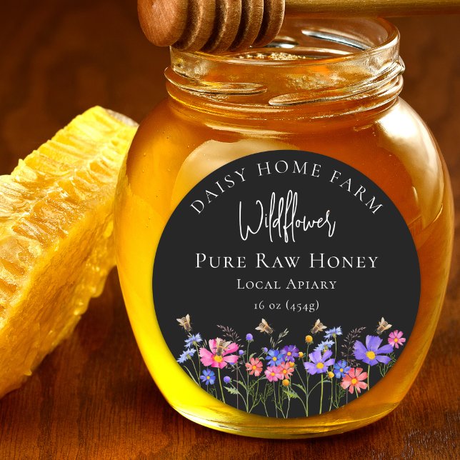 Sticker Rond Pot de Miel Cru Pur de Fleur Sauvage Noir (Custom wildflower pure raw honey local apiary beekeeping small business product sticker)