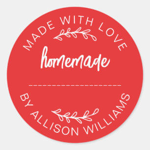 Sticker Rond Pot de nourriture maison fait avec amour Rouge vif