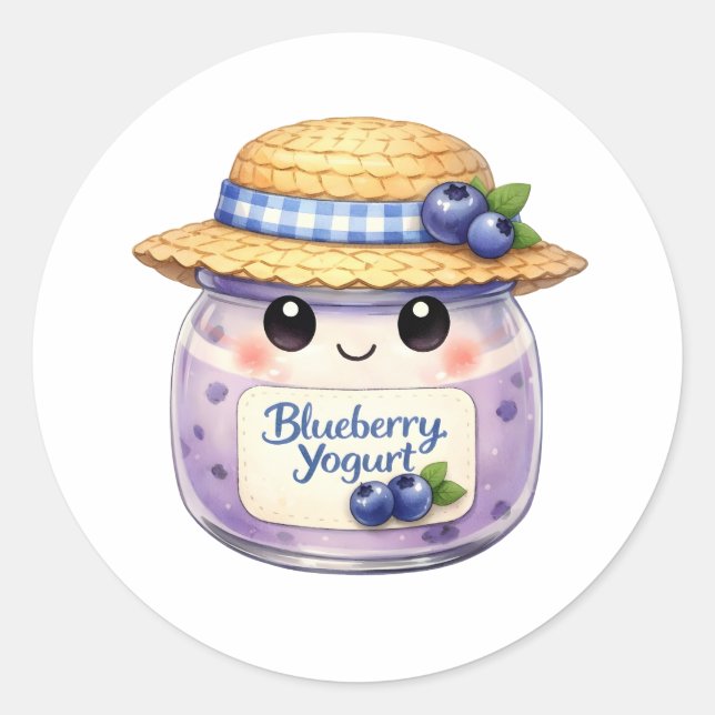Sticker Rond Pot de yaourt myrtille aquarelle mignon avec chape (Devant)
