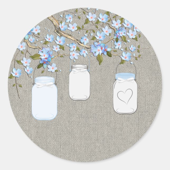Sticker Rond Pot en verre Mason avec toile de jute bleue (Devant)