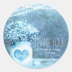 Sticker Rond Pot Mason Jar Cœur Bleu & Mariage Faveur Baby's Br