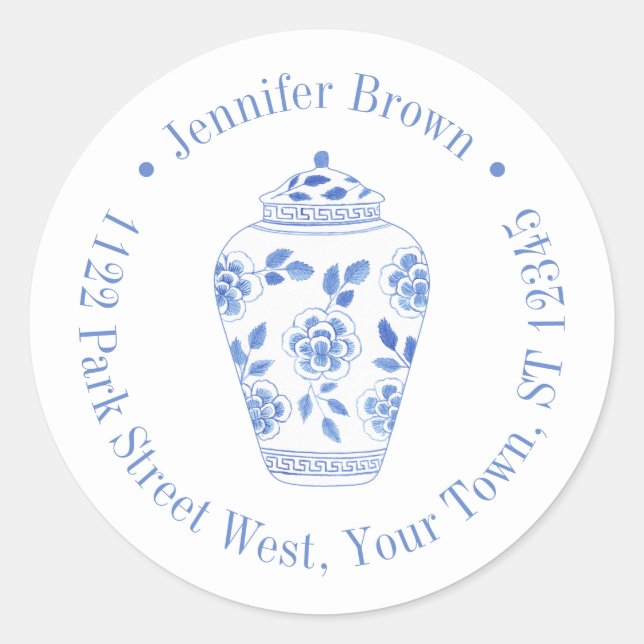 Sticker Rond Poterie en bleu et blanc Preppy Retour Adresse (Devant)