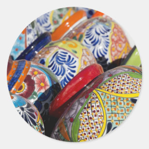 Sticker Rond Poteries mexicaines traditionnelles colorées peint