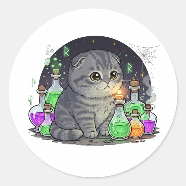 Sticker Rond Potion Plier - Scottish Pold Cat Halloween (Devant)