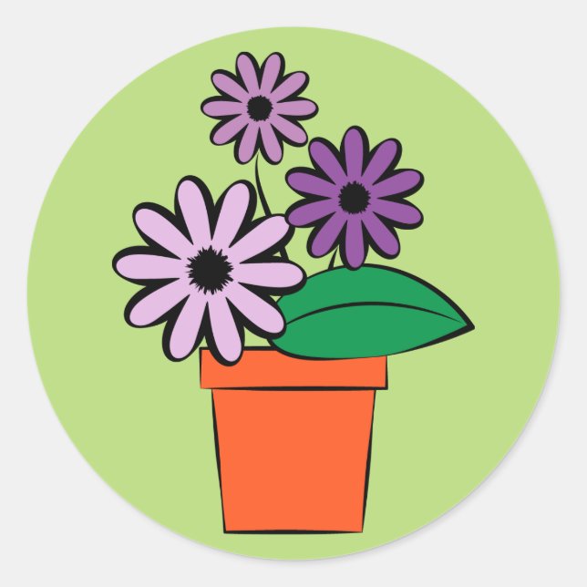 Sticker Rond Pots de fleurs marguerites violettes (Devant)