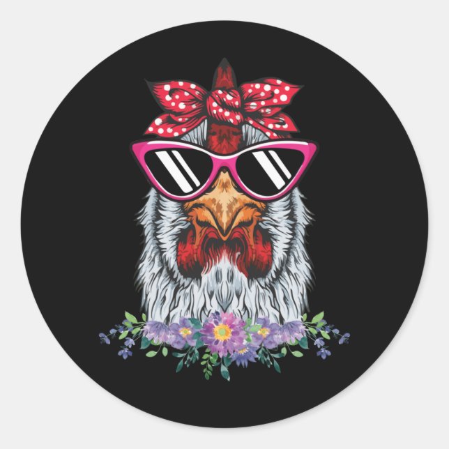 Sticker Rond Poulet Avec Bandana Et Lunettes (Devant)