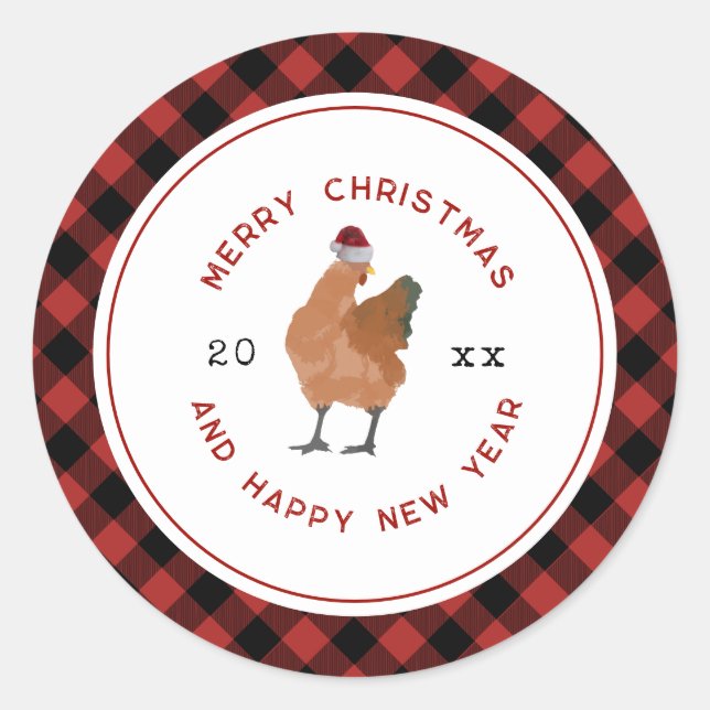 Sticker Rond Poulet de Noël Plaid (Devant)