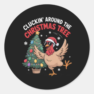 Sticker Rond Poulet drôle de Noël qui glousse autour du Christ
