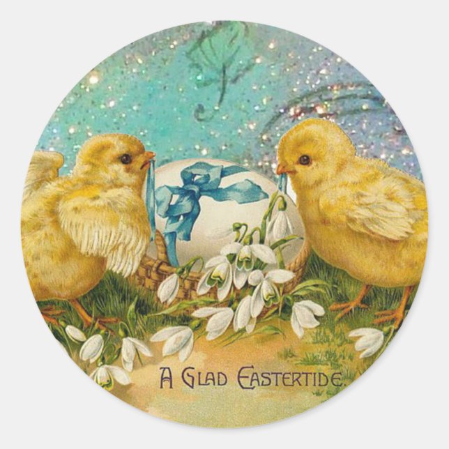 STICKER ROND POULET, FLEURS, OEUF DE PÂQUES EN PARKLES BLEUS D' (Devant)