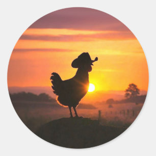 Sticker Rond Poulet Mignon avec Chapeau de Cow-boy Country Drôl