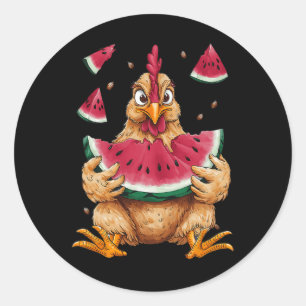 Sticker Rond Poulet Mignon Mangant Pastèque Fruit Été Hommes Fe