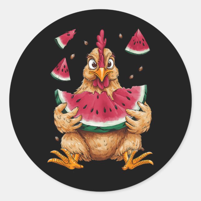 Sticker Rond Poulet Mignon Mangant Pastèque Fruit Été Hommes Fe (Devant)