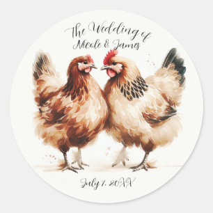 Sticker Rond Poulets Bruns Aquarelle Mariage Rustique