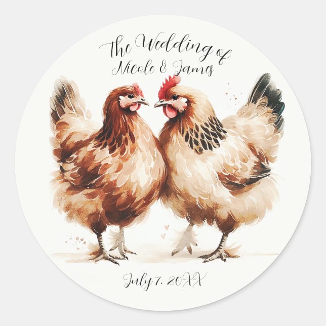 Sticker Rond Poulets Bruns Aquarelle Mariage Rustique (Devant)