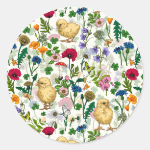 Sticker Rond Poulets et fleurs sauvages sur blanc cassé