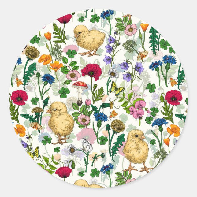 Sticker Rond Poulets et fleurs sauvages sur blanc cassé (Devant)