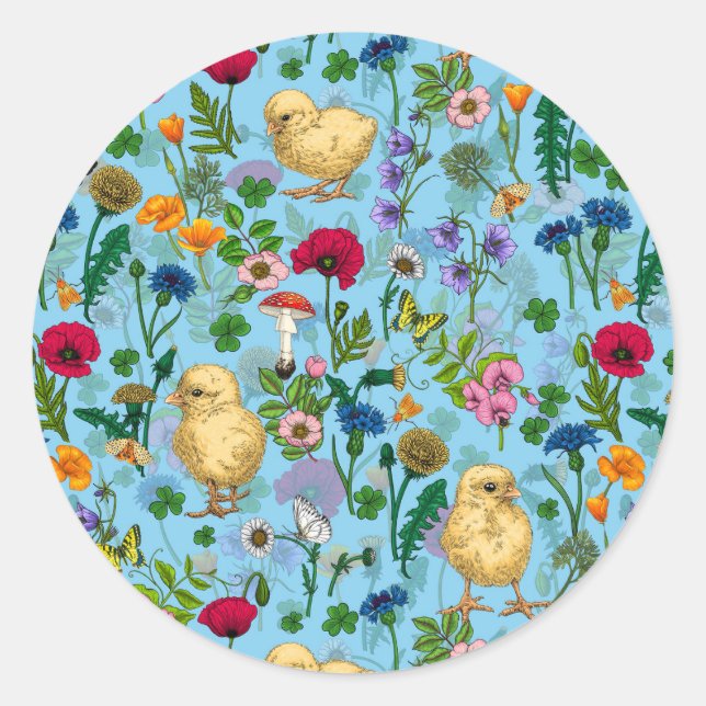 Sticker Rond Poulets et fleurs sauvages sur le bleu bébé (Devant)