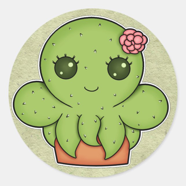 Sticker Rond Poulpe de cactus de Kawaii (Devant)