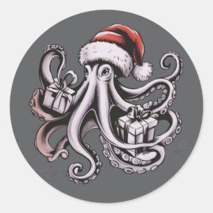 Sticker Rond Poulpe de Noël Fête Chapeau de Père Noël Xmas