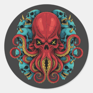 Sticker Rond Poulpe Rouge Gothique Crânes Bleus