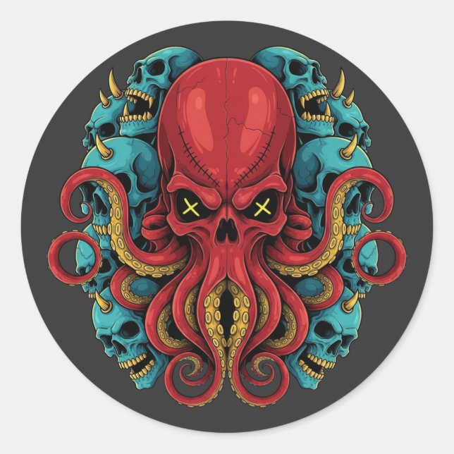 Sticker Rond Poulpe Rouge Gothique Crânes Bleus (Devant)