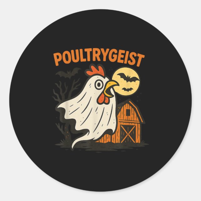 Sticker Rond Poultrygeist Funky Chicken Ghost Halloween Pun Des (Devant)