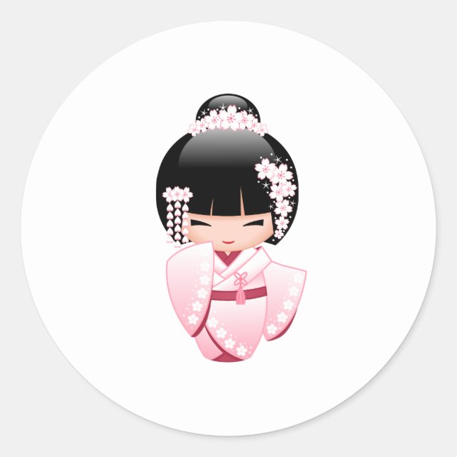 Sticker Rond Poupée blanche Kimono Kokeshi - mignonne Geisha Gi (Devant)